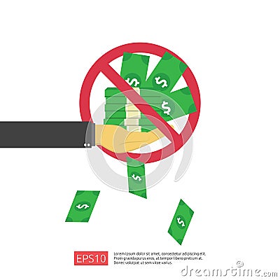 Anti Corruption, Stop and corrupt decline concept. Business bribe with money in an envelope and prohibition warning sign. vector Vector Illustration