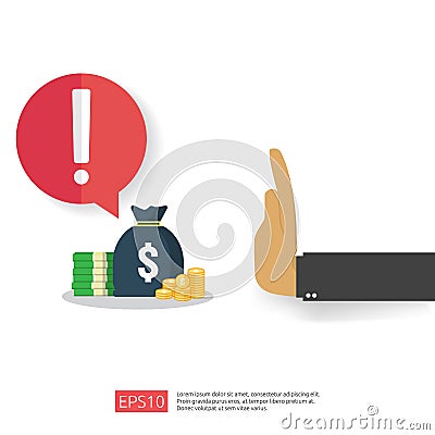 Anti Corruption, Stop and corrupt decline concept. Business bribe with money in an envelope and prohibition warning sign. vector Vector Illustration