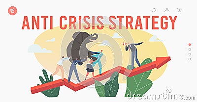 Anti Crisis Strategy Landing Page Template. Power Team Characters Climbing at Huge Growing Arrow Graph with Elephant Vector Illustration