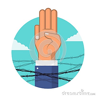 Anti dictatorship concept with Three Finger Salute surrounded by barbed wire vector design Vector Illustration