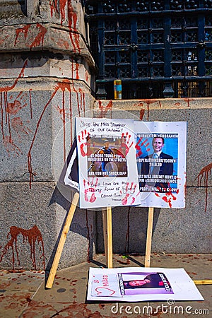 Anti knife crime campaign posters & placards from Operation Shutdown protesting outside the gates of Parliament Editorial Stock Photo