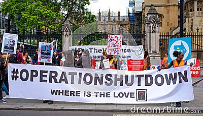 Anti knife crime campaigners from Operation Shutdown protesting outside the gates of Parliament Editorial Stock Photo