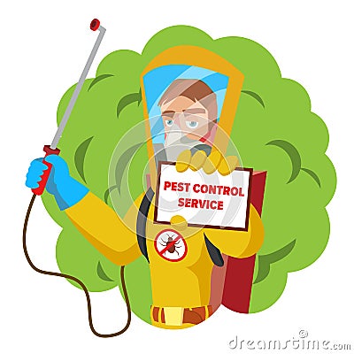 Anti Microbes Sanitation Vector Concept. Worker Spraying Pesticide. Chemical Protective Suit Termites. Disinfection Vector Illustration