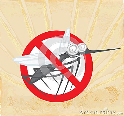 Anti mosquito sign with a funny cartoon mosquito. Vector Illustration