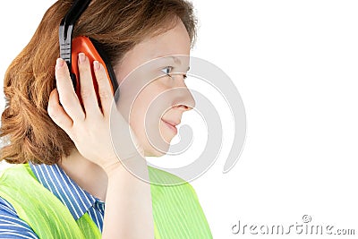 Anti noise headphones, occupational safety in construction, health protection at work, protective clothing, worker`s uniform, Stock Photo