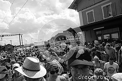 Anti nuclear power protesters entering public train Editorial Stock Photo