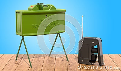 Anti-personnel mine on the wooden table, 3D rendering Stock Photo