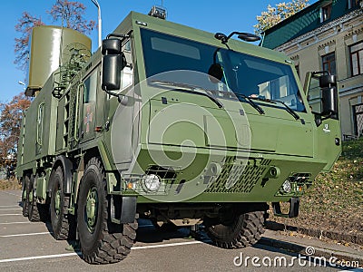Anti-ship radar. Mobile radar station of the anti-ship missile system NEPTUNE of Ukrainian army. Exhibition of military equipment Editorial Stock Photo