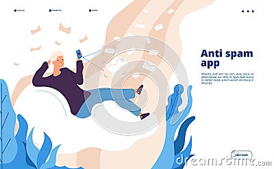 Anti spam app. Electronic inbox verification spam filtering piracy virus protection spammer mail safety software vector Vector Illustration