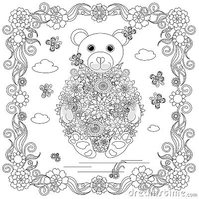 Anti stress abstract dog, butterflies, square flowering frame Vector Illustration
