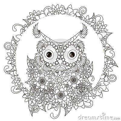 Anti stress abstract owl, flowering frame Vector Illustration