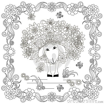 Anti stress abstract sheep, butterflies, square flowering frame Vector Illustration