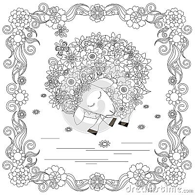 Anti stress abstract sheep, butterflies, square flowering frame hand drawn monochrome Vector Illustration