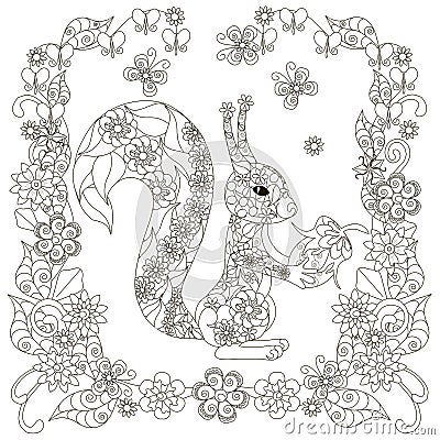 Anti stress abstract squirrel with nut, square flowering frame Vector Illustration