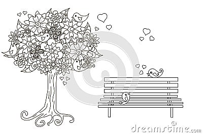 Anti stress blooming tree, birds with hearts, on bench hand drawn Vector Illustration