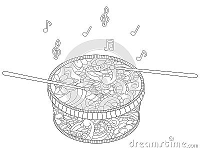 Anti stress musical instrument, drum with chopsticks vector. Children coloring, color, black and white Vector Illustration