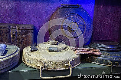 Anti-tank mine in the Museum of weapons of mines and bombs. Museum for Soldiers Internationalists Editorial Stock Photo