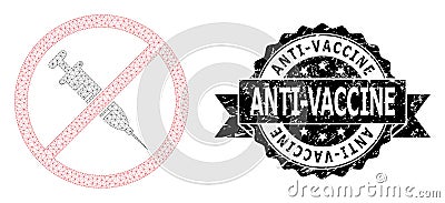 Grunge Anti-Vaccine Ribbon Watermark and Mesh Carcass Stop Vaccine Vector Illustration