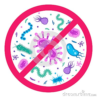 Antibacterial defence icon. Stop bacteria and viruses prohibition sign. Antiseptic. Various bacteria in the red crossed-out circle Vector Illustration