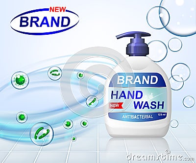 Antibacterial hand gel wash ads, dispenser bottle with transparent bubbles isolated on background. 3d realistic Vector Illustration