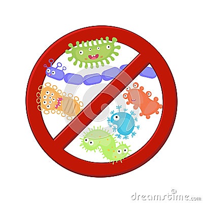 Antibacterial sign with a set of cartoon bacteria. Vector Illustration