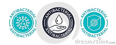 Antibacterial soap logo antiseptic bacteria clean medical symbol. Anti bacteria vector label design Vector Illustration