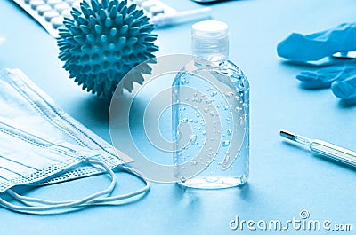 Antibacterial transparent hand sanitizer gel in a plastic bottle. Coronavirus Covid-19 preventive measures Stock Photo
