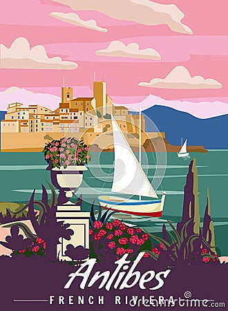 Antibes French Riviera Retro Poster. Tropical coast scenic view, palm, Mediterranean marine, sea town, sailboat. Vector Illustration