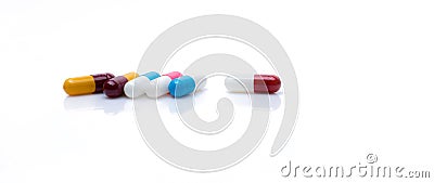 Antibiotic capsule pills on white background. Prescription drugs. Colorful capsule pills. Antibiotic drug resistance concept. Stock Photo