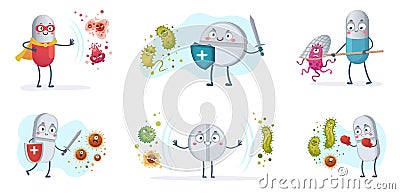 Antibiotic fight bacteria and virus. Strong antibiotics pills with shield protect from bacterias, medical pill vs Vector Illustration