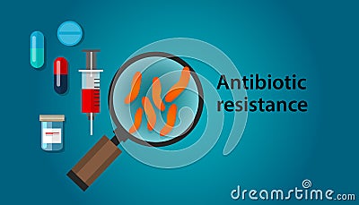 Antibiotic resistance illustration of bacteria and drug medicine medical problem anti bacterial Vector Illustration