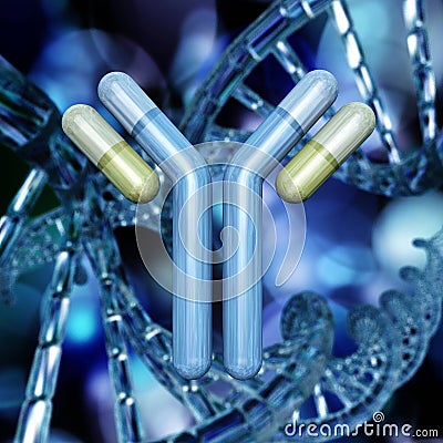 Antibody, immunoglobulins and DNA helix Stock Photo