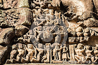 Antient reliefs in Banteay Kdei Temple in Angkor Wat complex, Cambodia Stock Photo