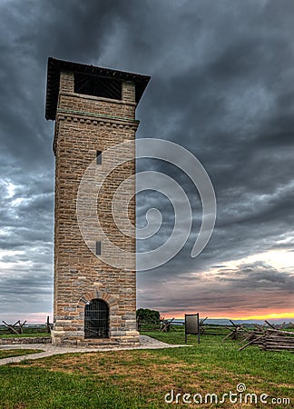 Antietam National Battlefield Observation Tower Sunrise Stock Photo