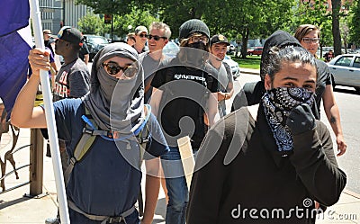 Antifa political activists engaged in protest in Denver. Editorial Stock Photo