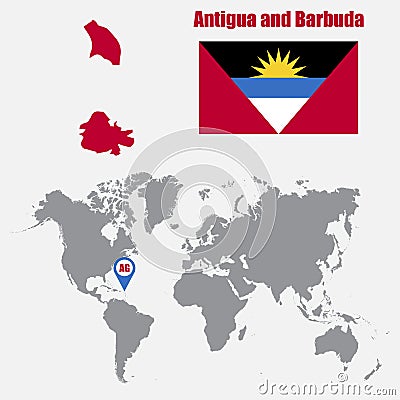 Antigua and Barbuda map on a world map with flag and map pointer. Vector illustration Cartoon Illustration