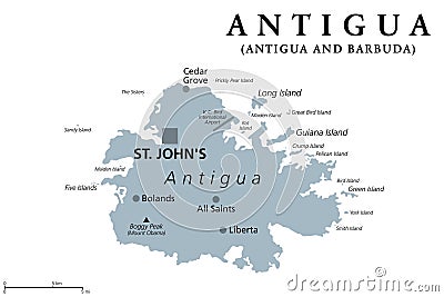 Antigua, Caribbean island of the Lesser Antilles, gray political map Stock Photo