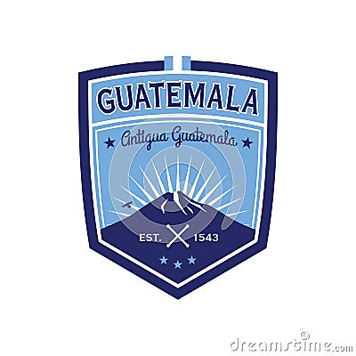 Antigua Guatemala badge with volcano Agua. Patch Vector Illustration