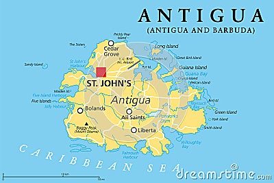 Antigua, island in the Lesser Antilles in the Caribbean, political map Vector Illustration