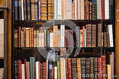 Antik Books on brown Bookshelf Editorial Stock Photo