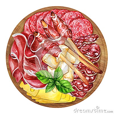 Antipasto of cold meat and grissini bread sticks. Watercolor illustration Cartoon Illustration