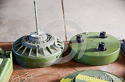 Antipersonnel fragmentation land mine. PROM-1, PMR-2A, PMR-3, PMA-3. Examples of anti-personnel and anti-tank mines. Explosive dev Stock Photo