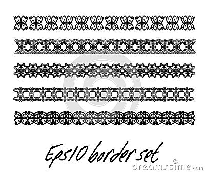 Antiquarian monochrome border set in black and white, collection of vintage border, filigree art deco elements Vector Illustration