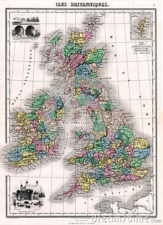 Antique 1870 Map of Great Britain and Ireland Stock Photo