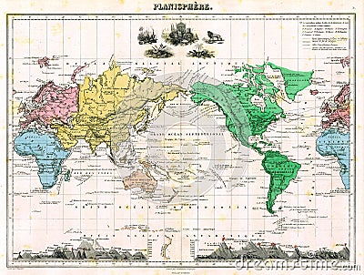 Antique 1870 World Map Stock Photo