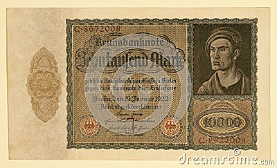 Antique 1922 German Y 10000 Deutsche Mark Stock Photo