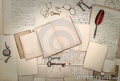 Antique accessories and office tolls, old letters and postcards Stock Photo