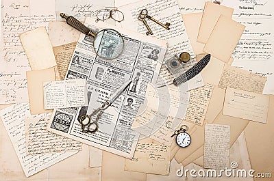 Antique accessories, old letters and postcards. ephemera Stock Photo