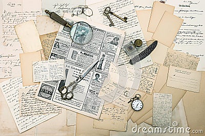 Antique accessories, old letters and postcards. ephemera Stock Photo