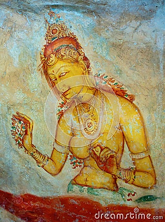 Antique asian fresco with naked woman Stock Photo